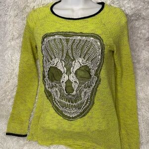 Lime Green Knit Skull Sweater – Edgy Lace Detail, Black Trim